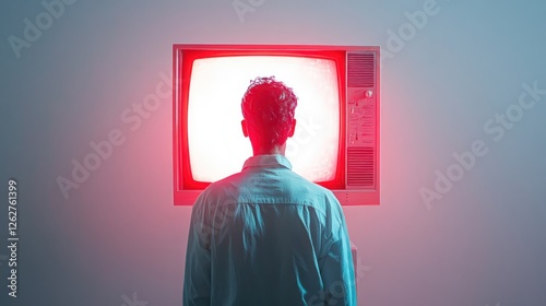 Man watching vintage TV with bright screen.