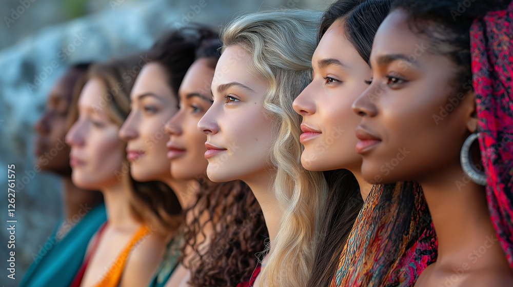 A group of women from various cultural and ethnic backgrounds stands in a row, showing diversity and unity. high resolution and a clean, sharp image A group of women from various cultural and ethnic backgrounds stands in a row, showing diversity and unity. high resolution and a clean, sharp image