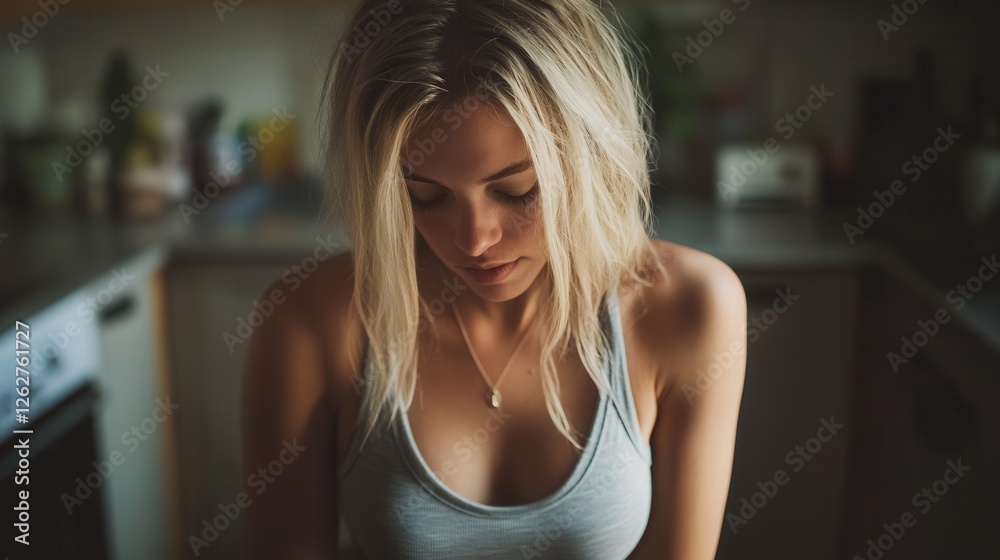 Fototapeta premium Soft morning light casts gentle shadows on a pensive woman lost in thought in her cozy kitchen. Generative AI