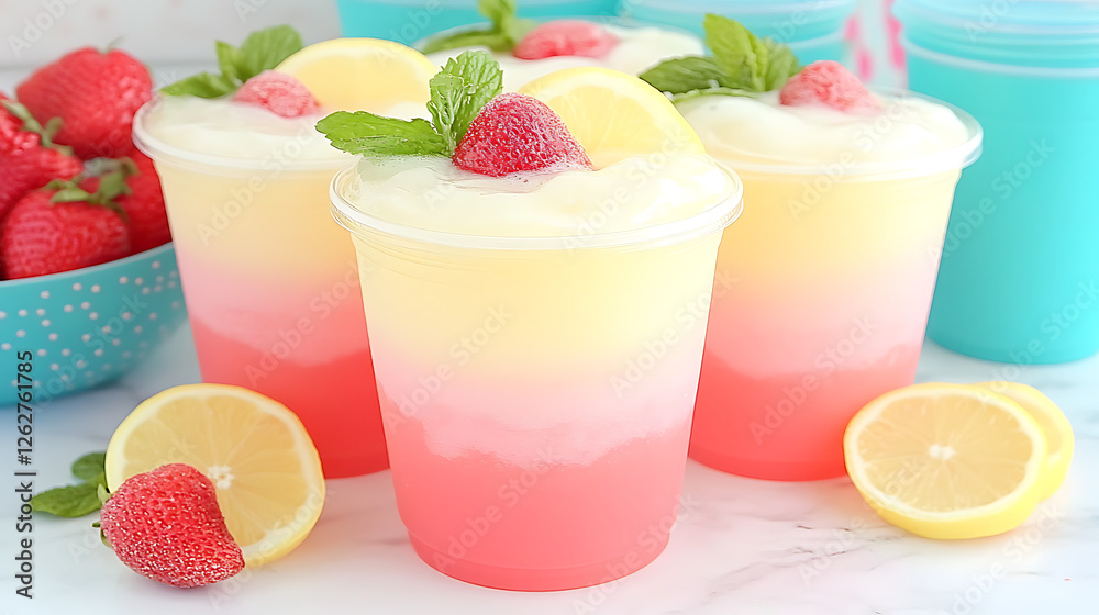Refreshing Layered Strawberry Lemonade Drinks with Fresh Fruit Garnishes in Plastic Cups Displayed