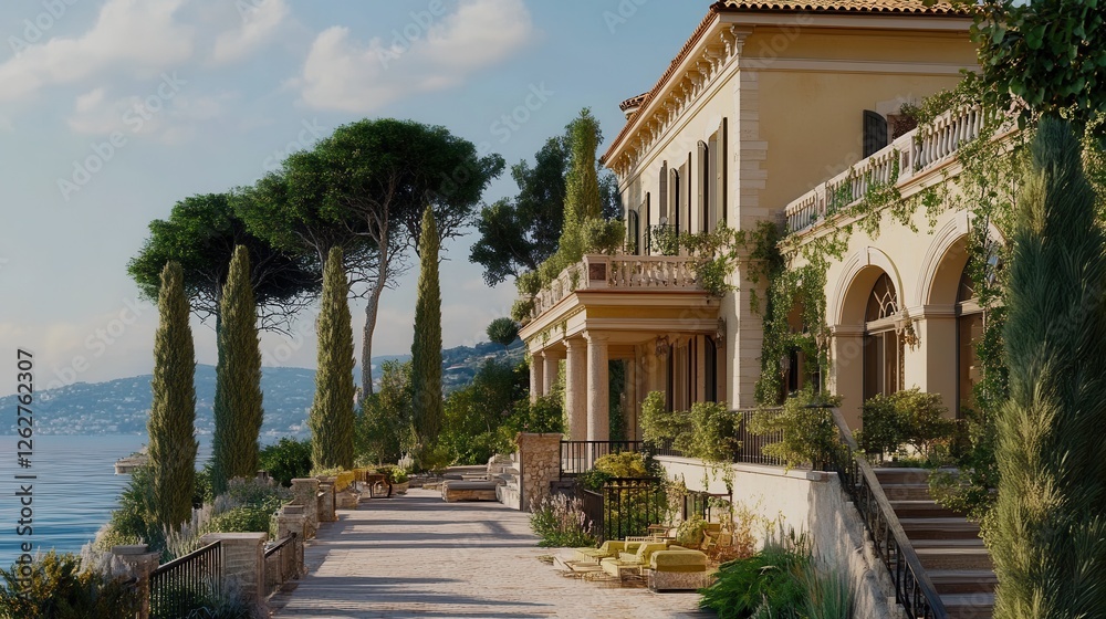 Obraz premium Stunning coastal villa surrounded by lush greenery and panoramic ocean views at sunset. Generative AI