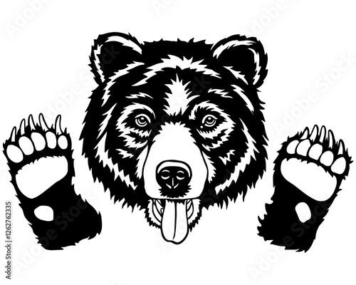 Black and white vector illustration of a grizzly bear with paws raised and tongue out. Perfect for tattoo designs, stickers, logos, and wildlife-themed artworks.