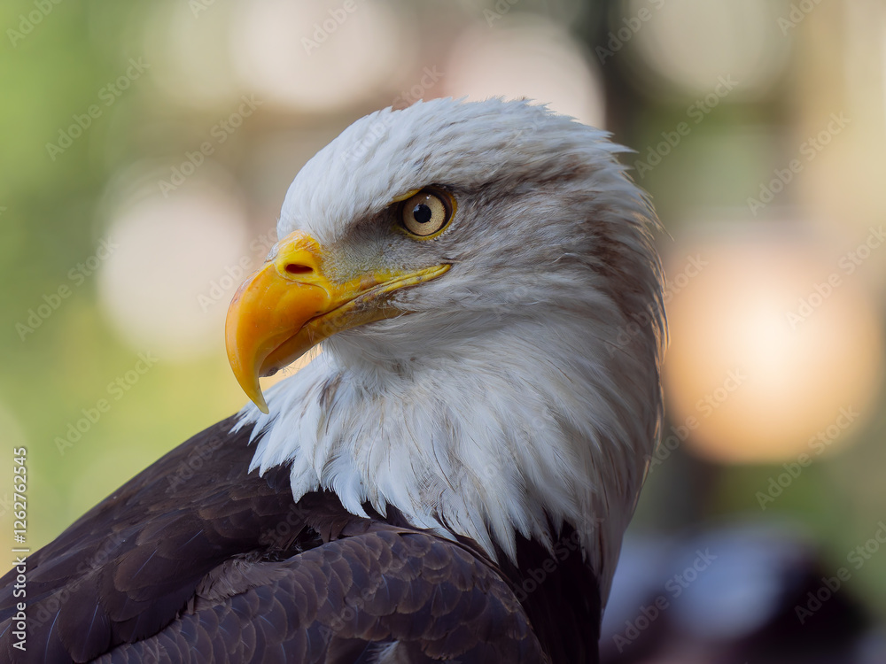 Fototapeta premium Majestic bald eagle perched calmly, showcasing striking features and sharp gaze in a natural setting