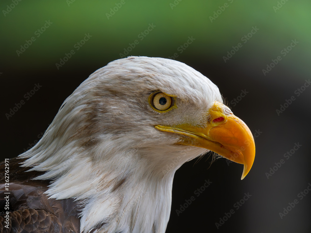 Obraz premium Majestic bald eagle perched calmly, showcasing striking features and sharp gaze in a natural setting