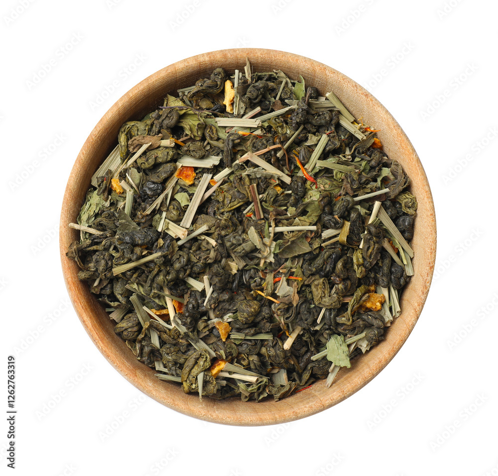 Dry tea leaves in wooden bowl isolated on white, top view Dry tea leaves in wooden bowl isolated on white, top view
