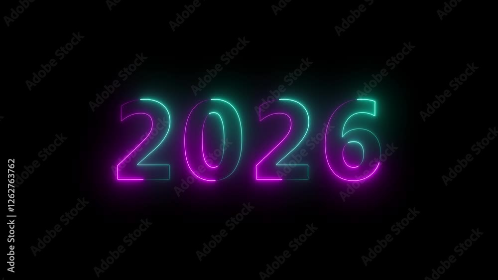Happy new year of 2029. Fireworks style countdown to the new year, numbers decreasing from 10 to 1. abstract glowing neon text icon 2029 on black background.