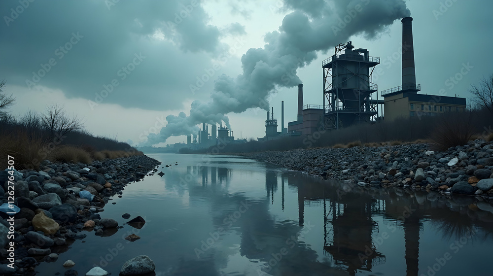 Fototapeta premium Smokestacks loom over a tranquil river, reflecting a grim industrial landscape. Pollution's shadow falls heavy.