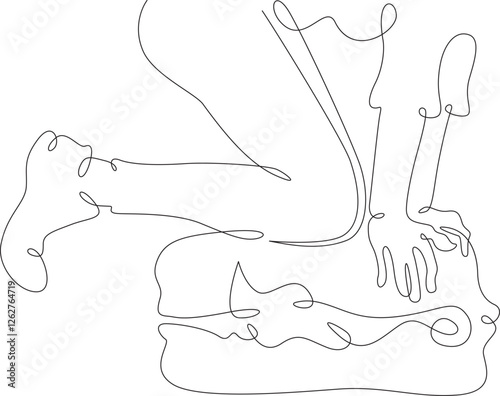 Continuous one line drawing packing luggage. Hands and feet close the suitcase.Packing for vacation. One continuous line isolated minimal illustration.Not AI.