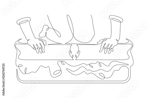 Continuous one line drawing packing luggage. Hands and feet close the suitcase.Packing for vacation. One continuous line isolated minimal illustration.Not AI.