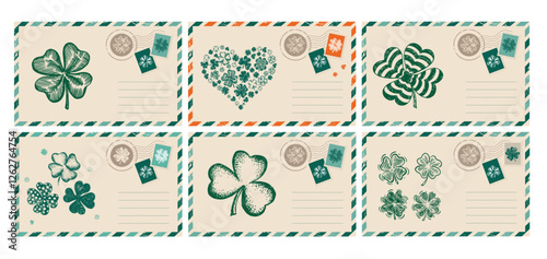 Patrick's day, Postcard with clover, mail, hand drawn illustration	
