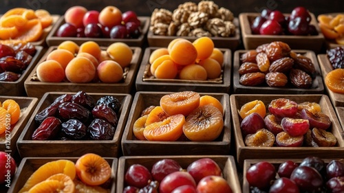 Fototapeta Naklejka Na Ścianę i Meble -  A beautifully arranged assortment of premium dried fruits elegantly displayed in rustic wooden bowls.