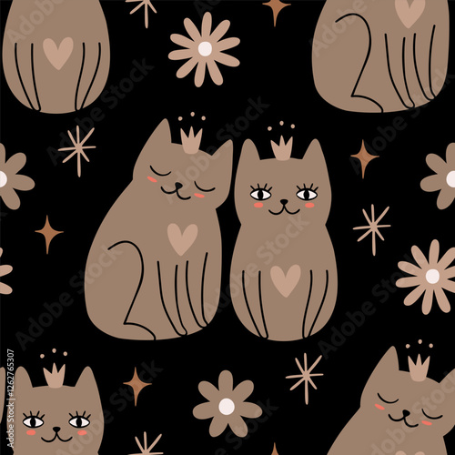 Сats in love on black background. Seamless pattern
