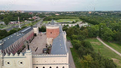 lublin, city center, lublin castle, rynek fish square, podwale, po farze square, drone view, aerial, old town, historic, architecture, cityscape, skyline, medieval, cobblestone streets, urban, 