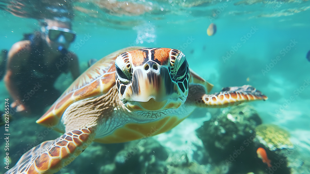 Obraz premium A majestic sea turtle gracefully glides through the crystal-clear waters 