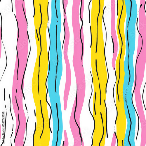 A playful hand-drawn striped pattern with irregular, sketchy lines in bright and fun colors like yellow, pink, and blue. A cute and whimsical design for children's products photo