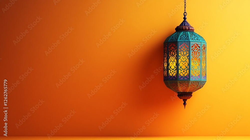 Obraz premium Artistic paper cut-style Islamic lantern with colorful geometric patterns on a bright orange background, leaving space for text at the bottom.