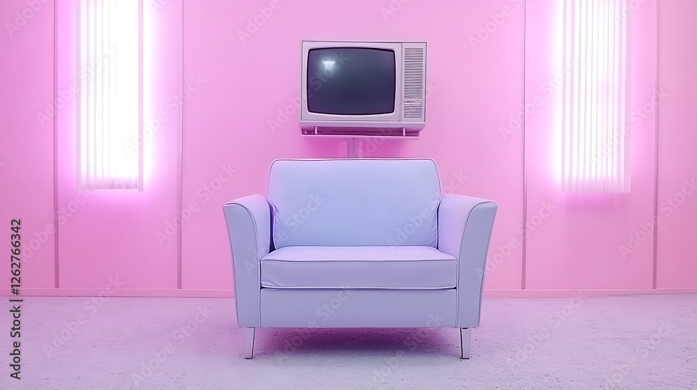 Retro Room Serenity a Lavender Armchair Beneath a Vintage TV Set in Pink Setting Tranquil Scene Retro Room Serenity a Lavender Armchair Beneath a Vintage TV Set in Pink Setting Tranquil Scene