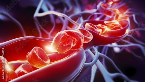3D Render of the Human Bloodstream and the Central Focus Is on Iron Which Has Been Recycled From Broken-Down Red Blood Cells Digital art. photo