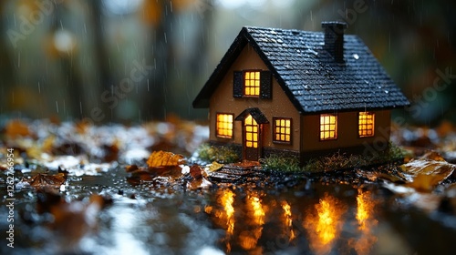 A charming house with illuminated windows stands amidst rainfall and scattered autumn leaves, inviting the viewer to imagine warmth and protection from the elements.