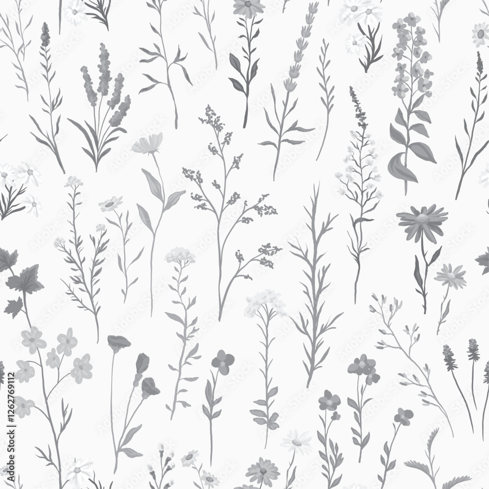 Naklejka premium vector illustration of Seamless monochrome pattern with various wildflowers and delicate plants