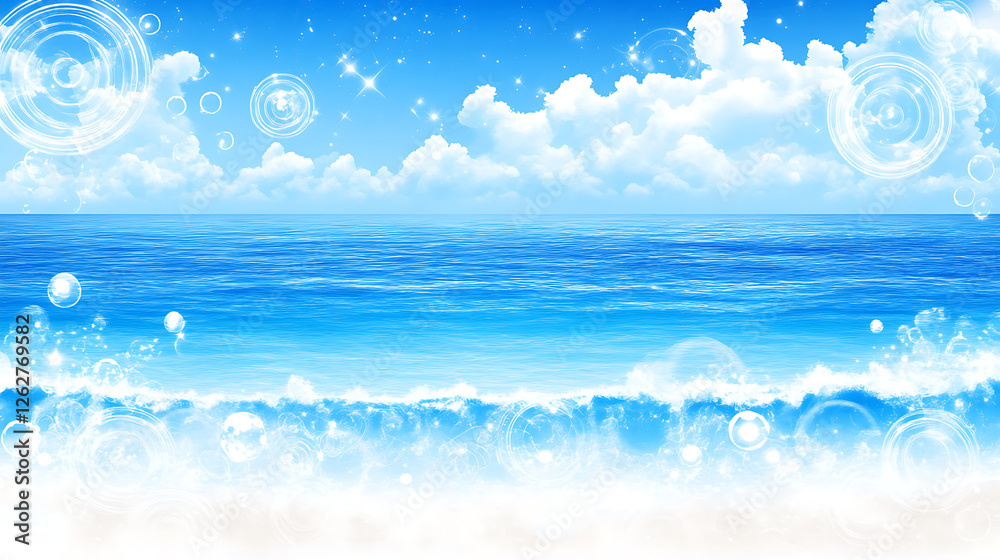 Serene Ocean Shoreline with Sparkling Water Bubbles Blue Sky and Fluffy White Clouds Abstract Illustration Serene Ocean Shoreline with Sparkling Water Bubbles Blue Sky and Fluffy White Clouds Abstract Illustration