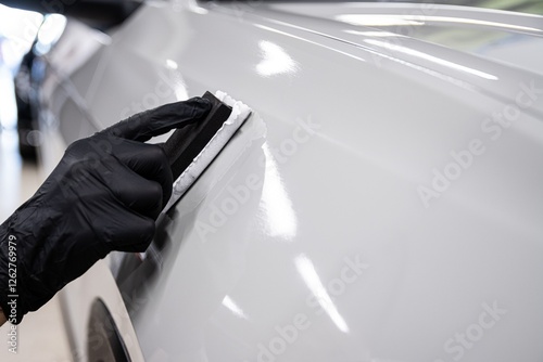Obraz na płótnie Ceramic or graphene coating on white paint ensures brilliant shine and long-lasting protection w salonie