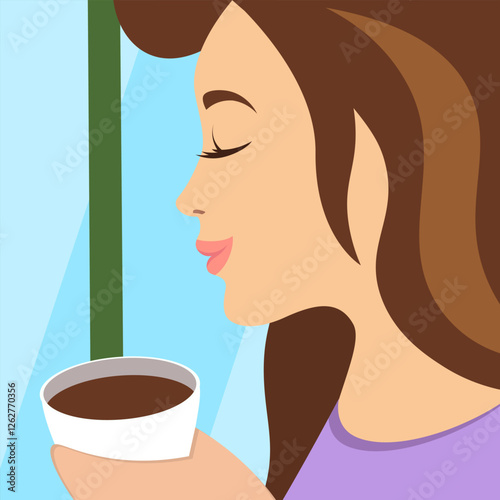 Close up of smiling woman enjoying warm cup of coffee or tea in cozy cafe. Dreamy peaceful atmosphere filled with elegance, relaxation and morning serenity. Square drawing banner