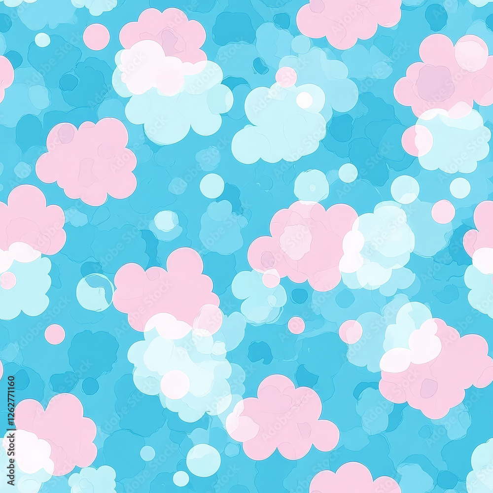 A charming pattern of fluffy cloud-like dots in pastel pink and blue, floating on a sky-blue background. A dreamy and whimsical design for children's textiles A charming pattern of fluffy cloud-like dots in pastel pink and blue, floating on a sky-blue background. A dreamy and whimsical design for children's textiles
