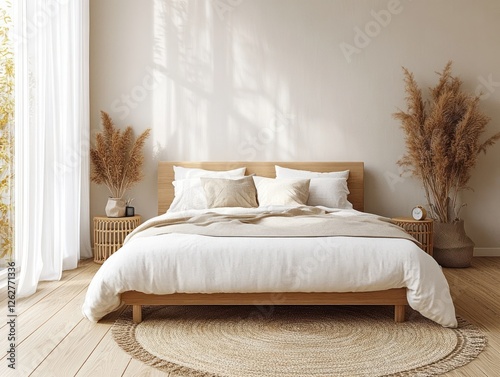 Bedroom interior mockup in minimalist style with wooden bed, soft beige tones, natural light, sheer curtains, linen bedding, woven lamp, and dried pampas grass decoration