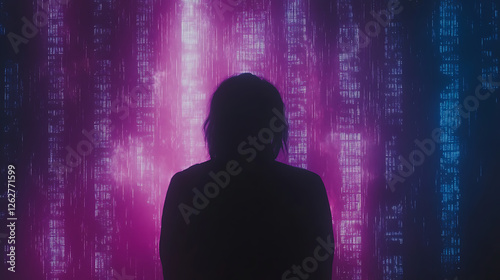 Wallpaper Mural Silhouette Contemplating Binary Code Cityscape Reflecting Tech Modernity and Digital Connectivity Torontodigital.ca