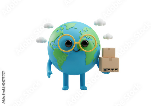 Earth character holding a delivery box while wearing yellow framed glasses