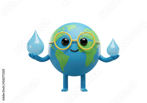 Earth character wearing yellow-rimmed glasses and holding water droplets in both hands