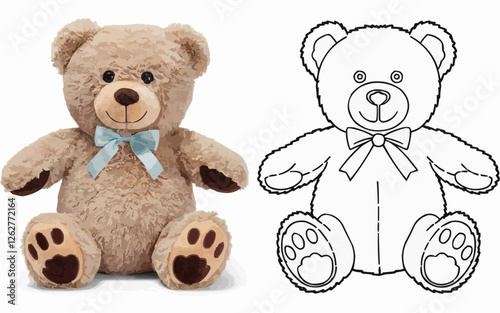 A plush brown teddy bear with a blue bow sits next to a line-art drawing of the same bear, both facing forward
