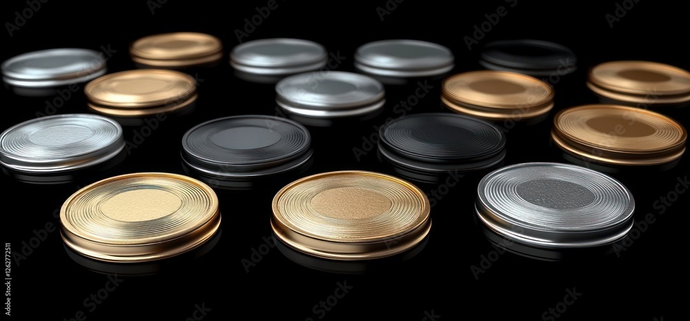 Dynamic Collection of Gold and Silver Metallic Lids on Black Background - Elegant 3D Composition