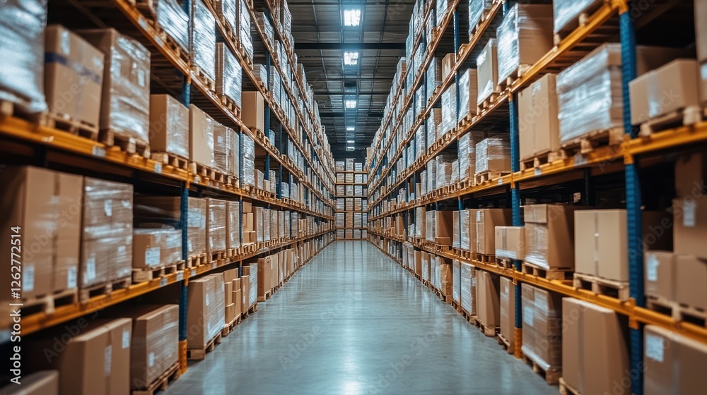 Fototapeta premium Warehouse interior with full shelves of boxes