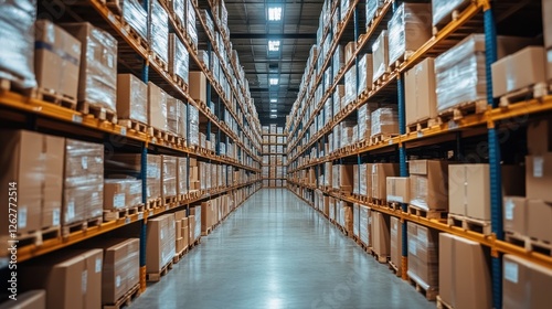 Warehouse interior with full shelves of boxes photo