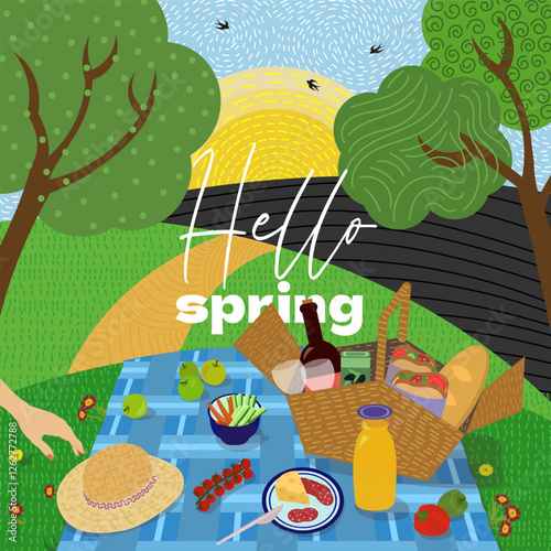 Spring picnic in park on modern drawing square vector banner. Blanket on grass with food and drink. Sunny weather background. Relaxing outdoor scene. Ideal for holiday or vacation promotion.