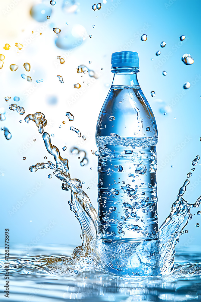 A plastic bottle in the middle and flying splashes and drops of water around A plastic bottle in the middle and flying splashes and drops of water around