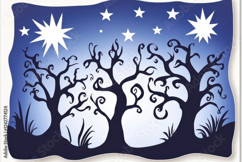 Nighttime Landscape with Stylized Trees and Bright Stars in a Unique Artistic Design