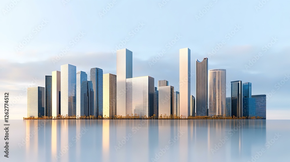 Obraz premium Modern City, financial Downtown, business centre with skyscrapers and office buildings at sunset and reflection in water
