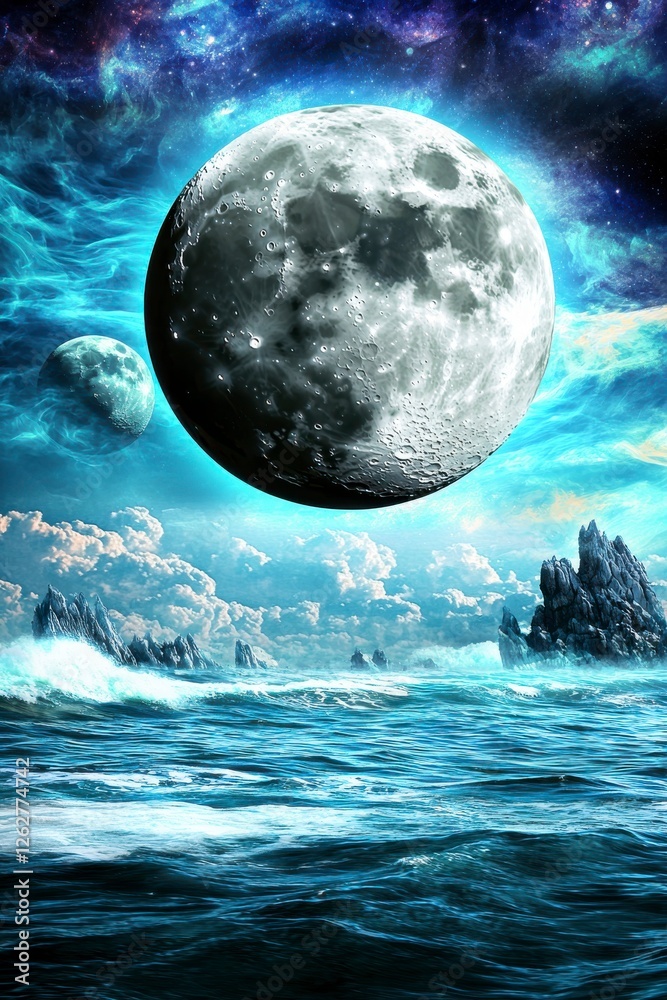 Fototapeta premium Surreal Landscape with Giant Moon Over Turquoise Sea and Dramatic Clouds Under Starry Night Sky