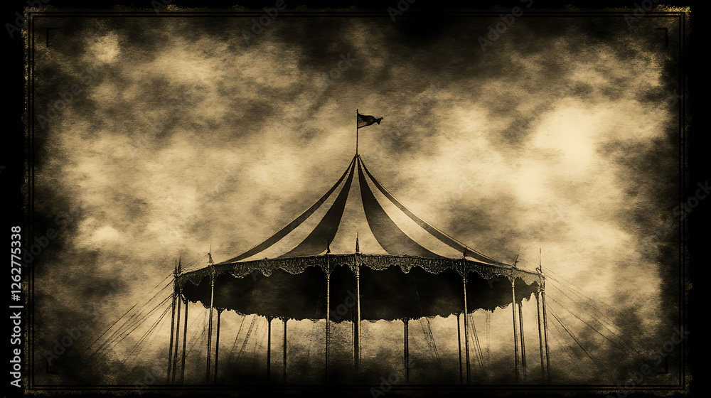 custom made wallpaper toronto digitalStriking Vintage Circus Tent Under Ominous Skies Portraying a Haunting Sepia Dreamscape Image