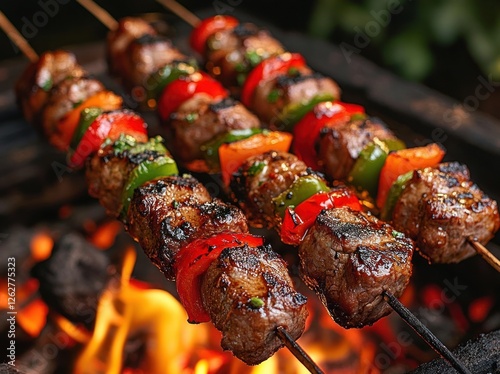 Grilled Meat and Vegetable Skewers on Flames