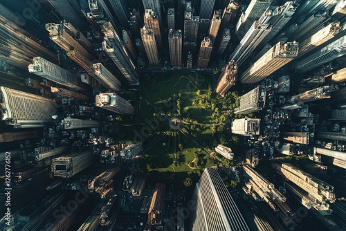 A bird's-eye view of an overpopulated city where skyscrapers overshadow parks and green spaces, symbolizing the loss of nature amidst urban growth.