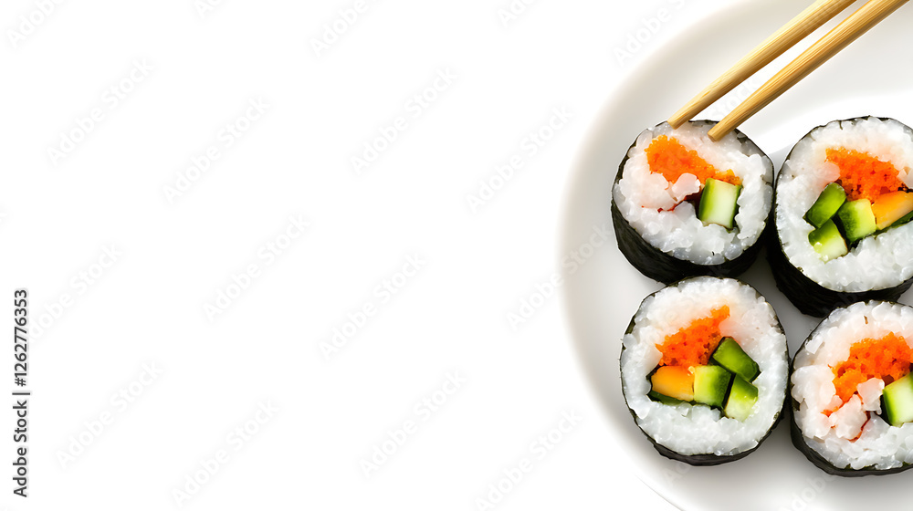 Sushi Rolls Plate with Chopsticks Rice Seaweed Roe Cucumber Mango Asian Cuisine Still Life Sushi Rolls Plate with Chopsticks Rice Seaweed Roe Cucumber Mango Asian Cuisine Still Life