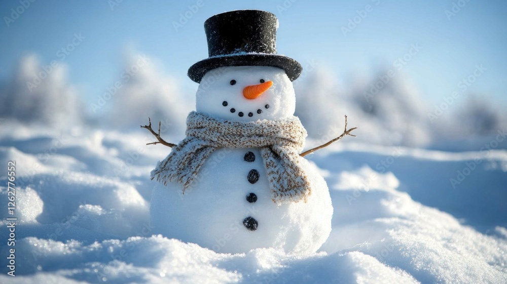 Obraz premium Charming Snowman in a Snowy Landscape
