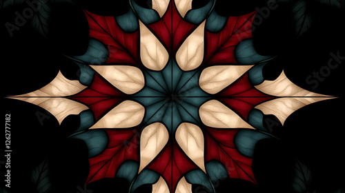 Symmetrical Artistic Ornament Floral Arrangement in Crimson Teal and Cream on Black Backdrop Pattern photo