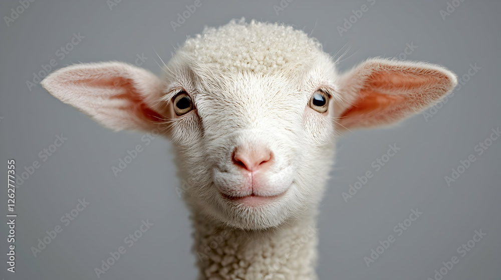 Fototapeta premium Cute lamb portrait, studio shot, grey background, farm animal