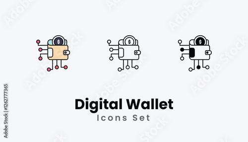 Digital Wallet Icons thin line and glyph vector icon stock illustration