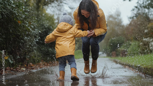 Joyful mother and child jumping in puddles park lifestyle photography rainy day playful mood family bonding activity